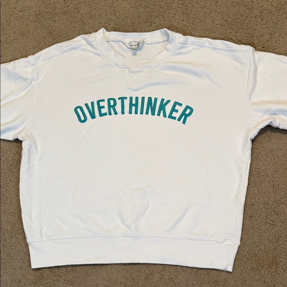 Wildfox White Sweatshirt with Teal 'Overthinker' Print